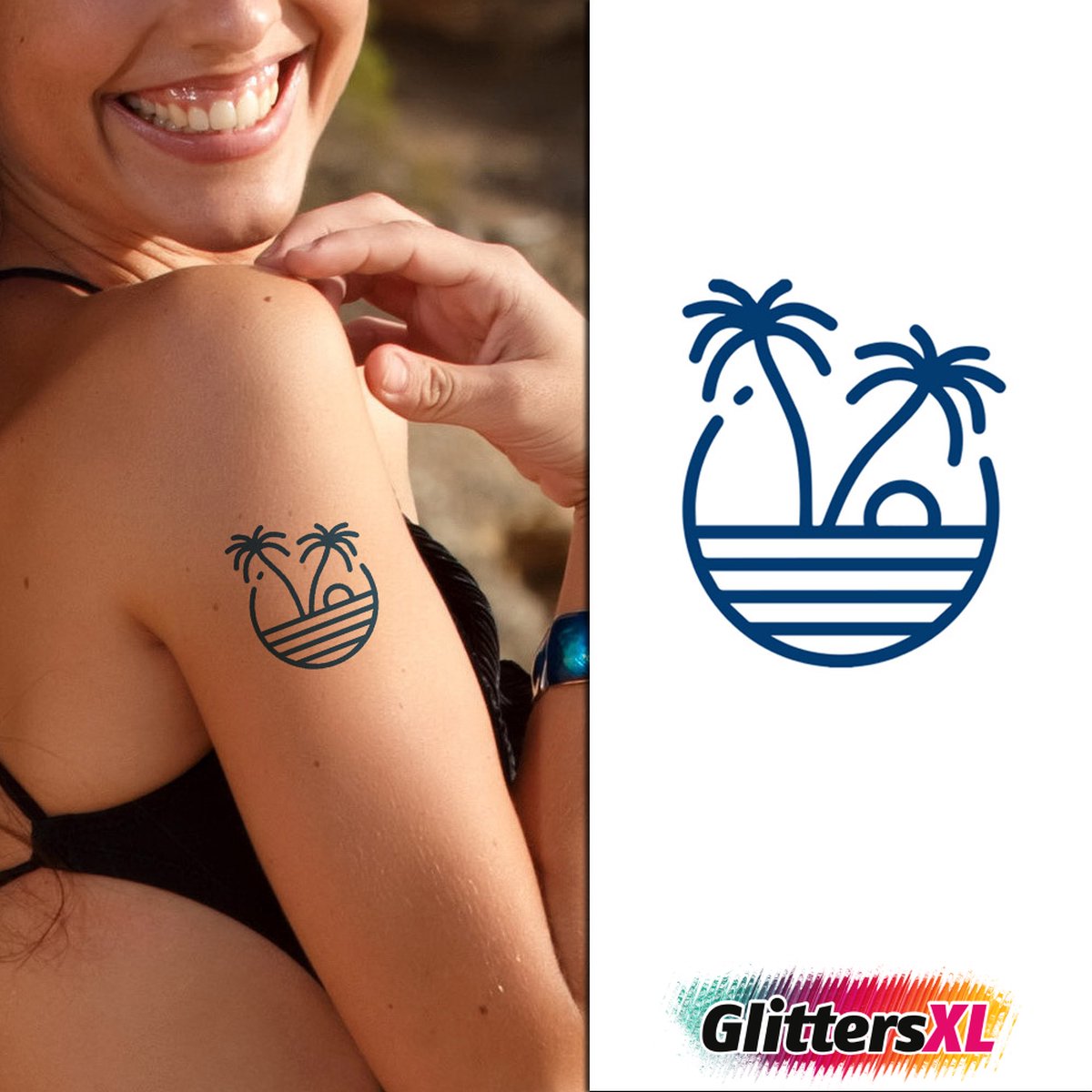 GlittersXL - Temporary Tattoo Palmbomen Zee Zon (6x6 cm) [Semi-Permanente Neptattoo - Tijdelijke tatoeage - Nep Fake Tattoos - Water overdraagbare festival sticker henna outfit tattoo - Glitter tattoo - Volwassenen Kinderen Jongen Meisje]